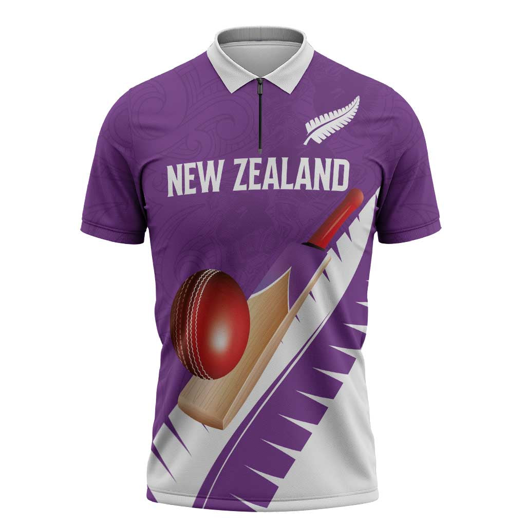 Custom New Zealand Cricket Zipper Polo Shirt Kiwi Birds Haka Dance Purple Fern Sporty Style LT03 Purple - Polynesian Pride