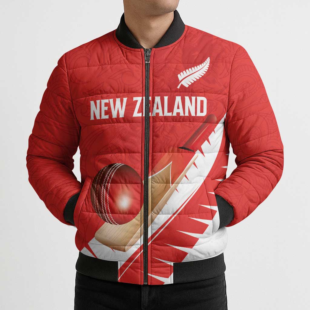 Custom New Zealand Cricket Bomber Puffer Jacket Kiwi Birds Haka Dance Red Fern Sporty Style LT03 - Polynesian Pride