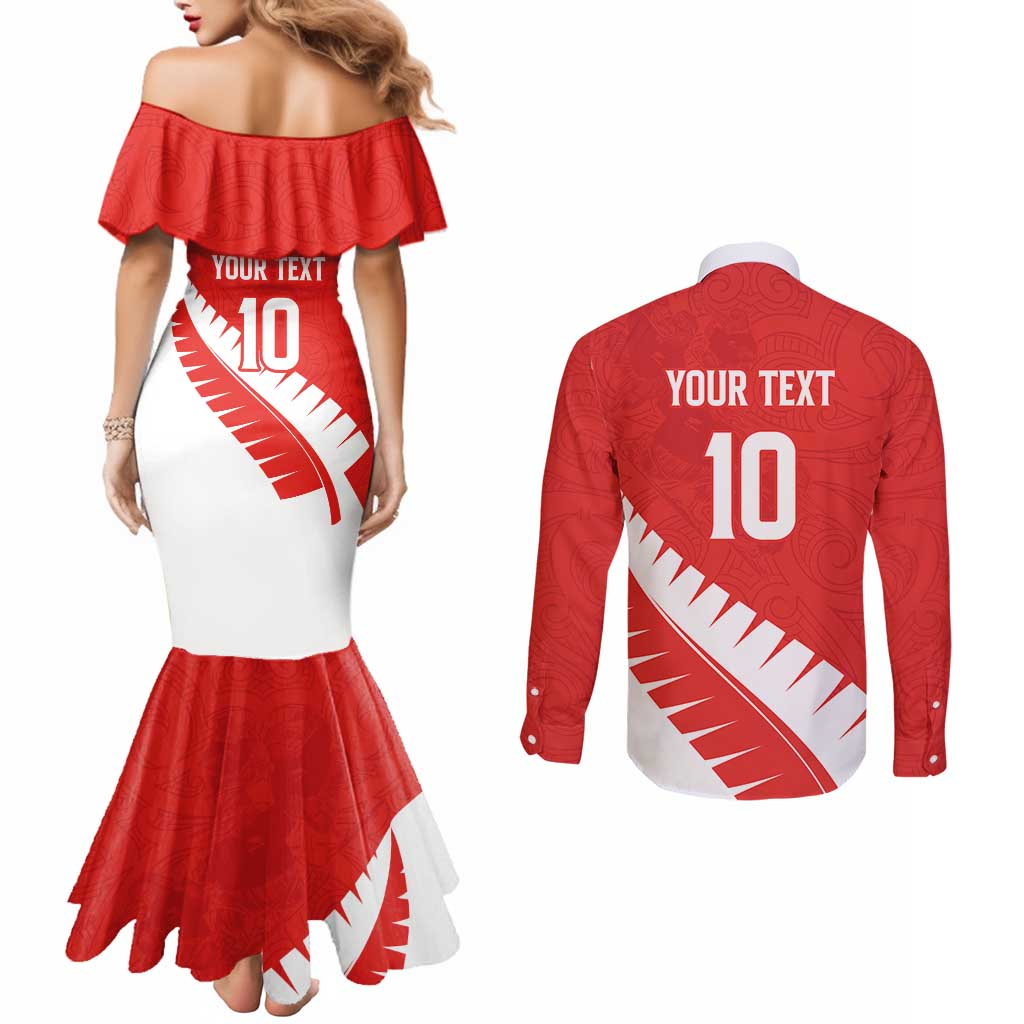 Custom New Zealand Cricket Couples Matching Mermaid Dress and Long Sleeve Button Shirt Kiwi Birds Haka Dance Red Fern Sporty Style LT03 - Polynesian Pride