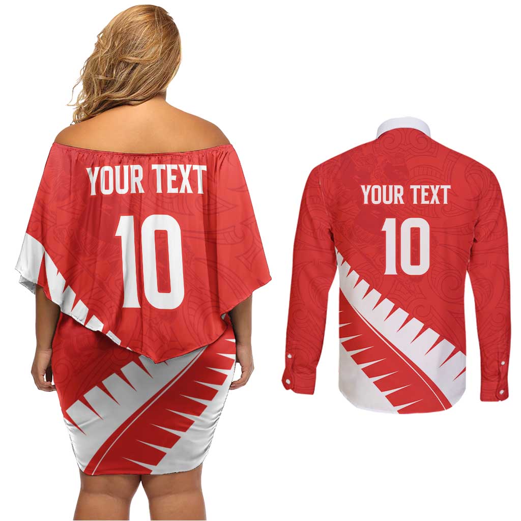 Custom New Zealand Cricket Couples Matching Off Shoulder Short Dress and Long Sleeve Button Shirt Kiwi Birds Haka Dance Red Fern Sporty Style LT03 - Polynesian Pride
