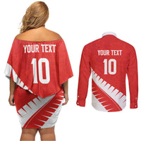 Custom New Zealand Cricket Couples Matching Off Shoulder Short Dress and Long Sleeve Button Shirt Kiwi Birds Haka Dance Red Fern Sporty Style LT03 - Polynesian Pride