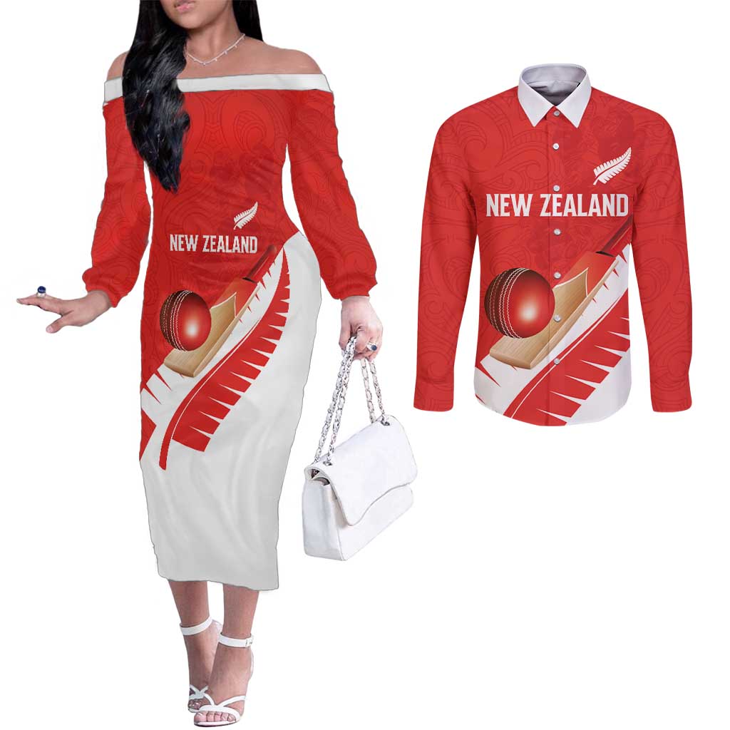 Custom New Zealand Cricket Couples Matching Off The Shoulder Long Sleeve Dress and Long Sleeve Button Shirt Kiwi Birds Haka Dance Red Fern Sporty Style LT03 Red - Polynesian Pride