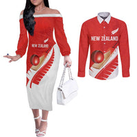 Custom New Zealand Cricket Couples Matching Off The Shoulder Long Sleeve Dress and Long Sleeve Button Shirt Kiwi Birds Haka Dance Red Fern Sporty Style LT03 Red - Polynesian Pride