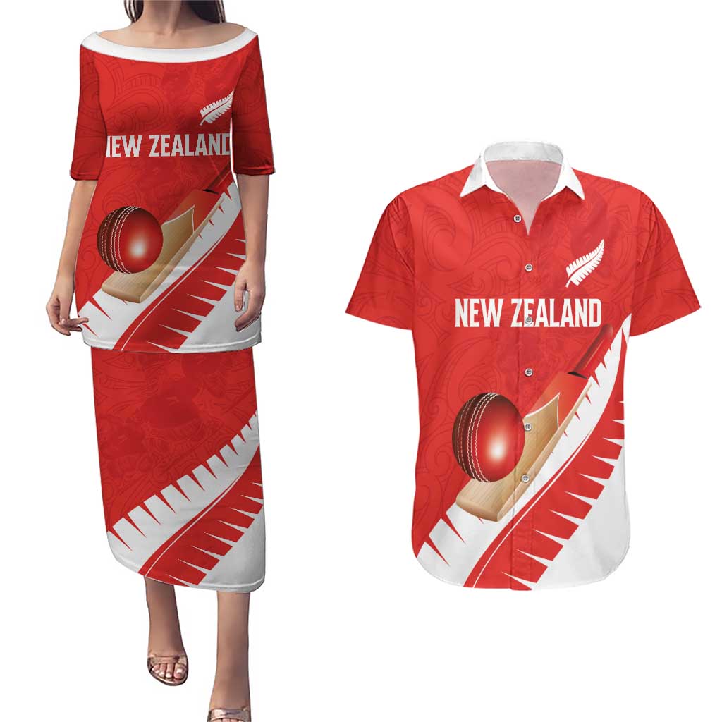 Custom New Zealand Cricket Couples Matching Puletasi and Hawaiian Shirt Kiwi Birds Haka Dance Red Fern Sporty Style LT03 Red - Polynesian Pride