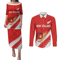 Custom New Zealand Cricket Couples Matching Puletasi and Long Sleeve Button Shirt Kiwi Birds Haka Dance Red Fern Sporty Style LT03 Red - Polynesian Pride