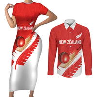 Custom New Zealand Cricket Couples Matching Short Sleeve Bodycon Dress and Long Sleeve Button Shirt Kiwi Birds Haka Dance Red Fern Sporty Style LT03 Red - Polynesian Pride