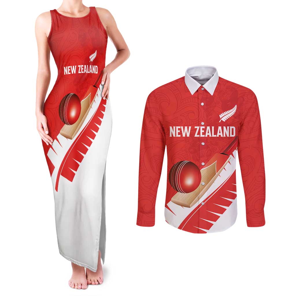 Custom New Zealand Cricket Couples Matching Tank Maxi Dress and Long Sleeve Button Shirt Kiwi Birds Haka Dance Red Fern Sporty Style LT03 Red - Polynesian Pride