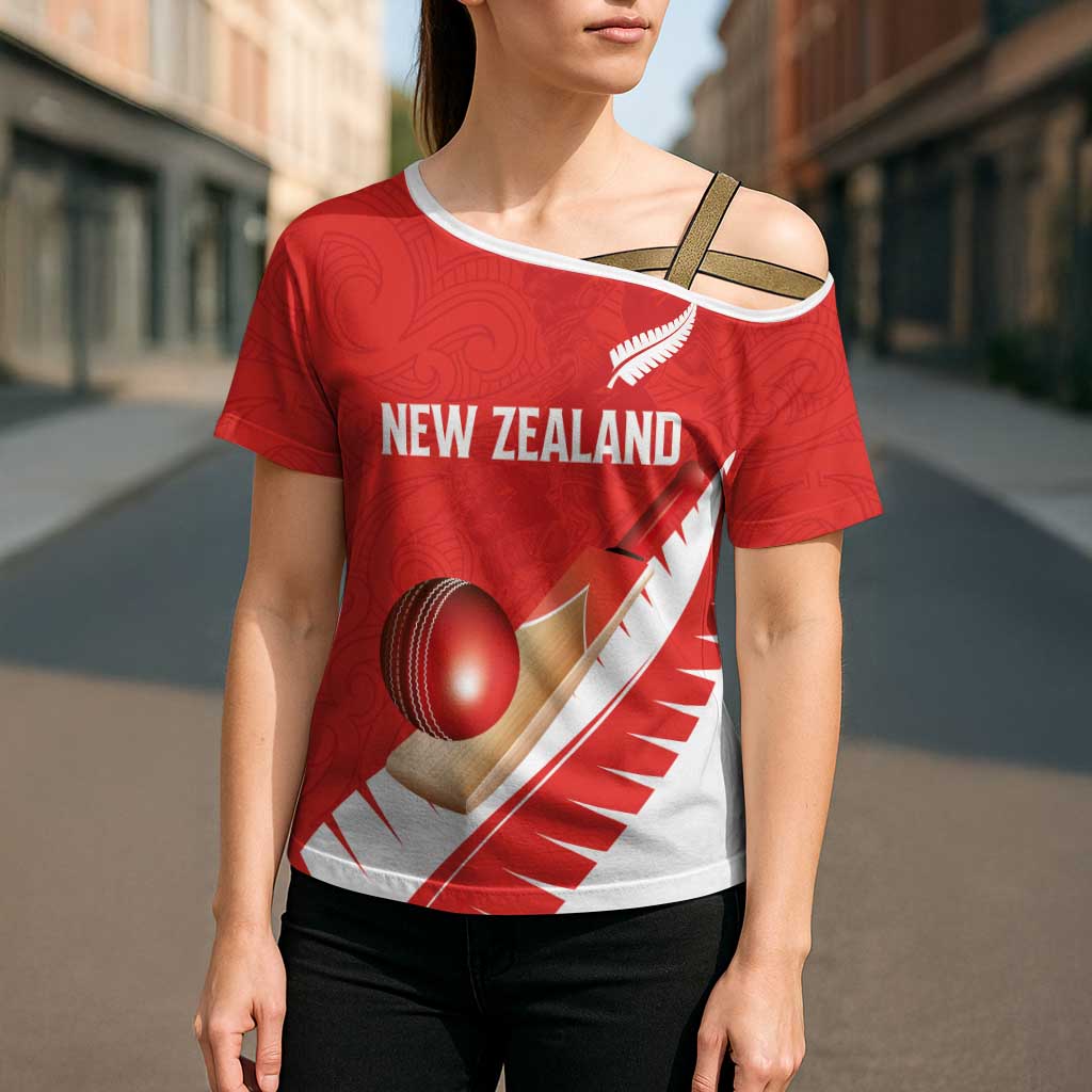 Custom New Zealand Cricket Cross Shoulder Shirt Kiwi Birds Haka Dance Red Fern Sporty Style LT03 - Polynesian Pride