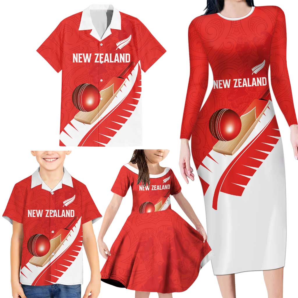 Custom New Zealand Cricket Family Matching Long Sleeve Bodycon Dress and Hawaiian Shirt Kiwi Birds Haka Dance Red Fern Sporty Style LT03 - Polynesian Pride