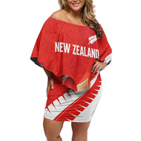 Custom New Zealand Cricket Family Matching Off Shoulder Short Dress and Hawaiian Shirt Kiwi Birds Haka Dance Red Fern Sporty Style LT03 Mom's Dress Red - Polynesian Pride