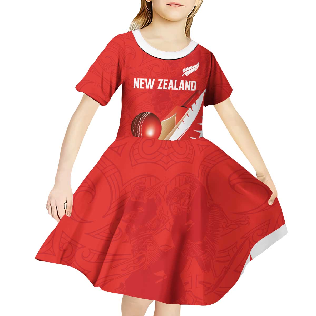 Custom New Zealand Cricket Kid Short Sleeve Dress Kiwi Birds Haka Dance Red Fern Sporty Style LT03 - Polynesian Pride