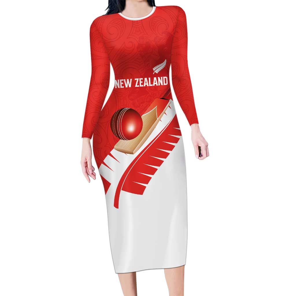 Custom New Zealand Cricket Long Sleeve Bodycon Dress Kiwi Birds Haka Dance Red Fern Sporty Style LT03 Long Dress Red - Polynesian Pride