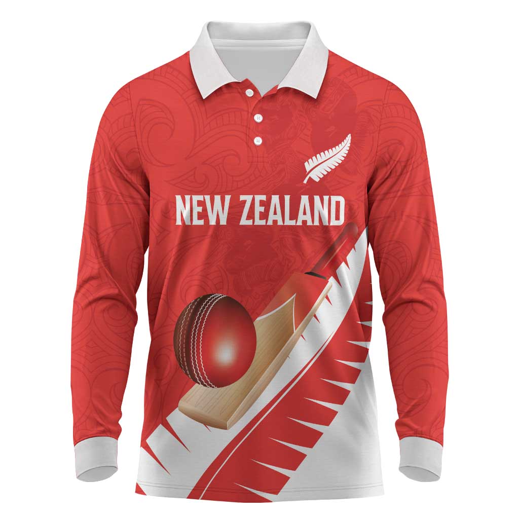 Custom New Zealand Cricket Long Sleeve Polo Shirt Kiwi Birds Haka Dance Red Fern Sporty Style LT03 Red - Polynesian Pride