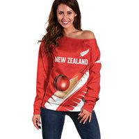 Custom New Zealand Cricket Off Shoulder Sweater Kiwi Birds Haka Dance Red Fern Sporty Style LT03 Women Red - Polynesian Pride