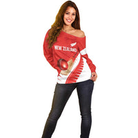 Custom New Zealand Cricket Off Shoulder Sweater Kiwi Birds Haka Dance Red Fern Sporty Style LT03 - Polynesian Pride