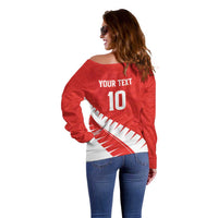 Custom New Zealand Cricket Off Shoulder Sweater Kiwi Birds Haka Dance Red Fern Sporty Style LT03 - Polynesian Pride