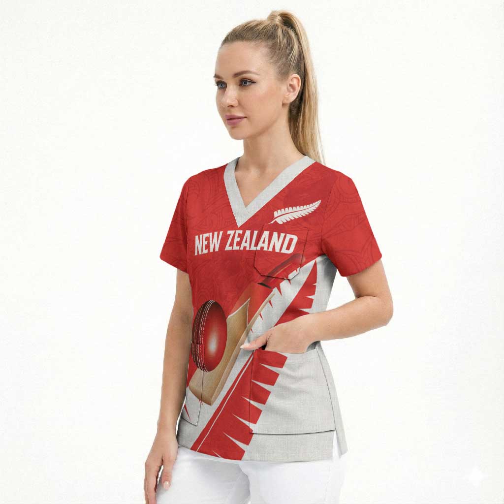 Custom New Zealand Cricket Scrub Top Kiwi Birds Haka Dance Red Fern Sporty Style LT03 - Polynesian Pride