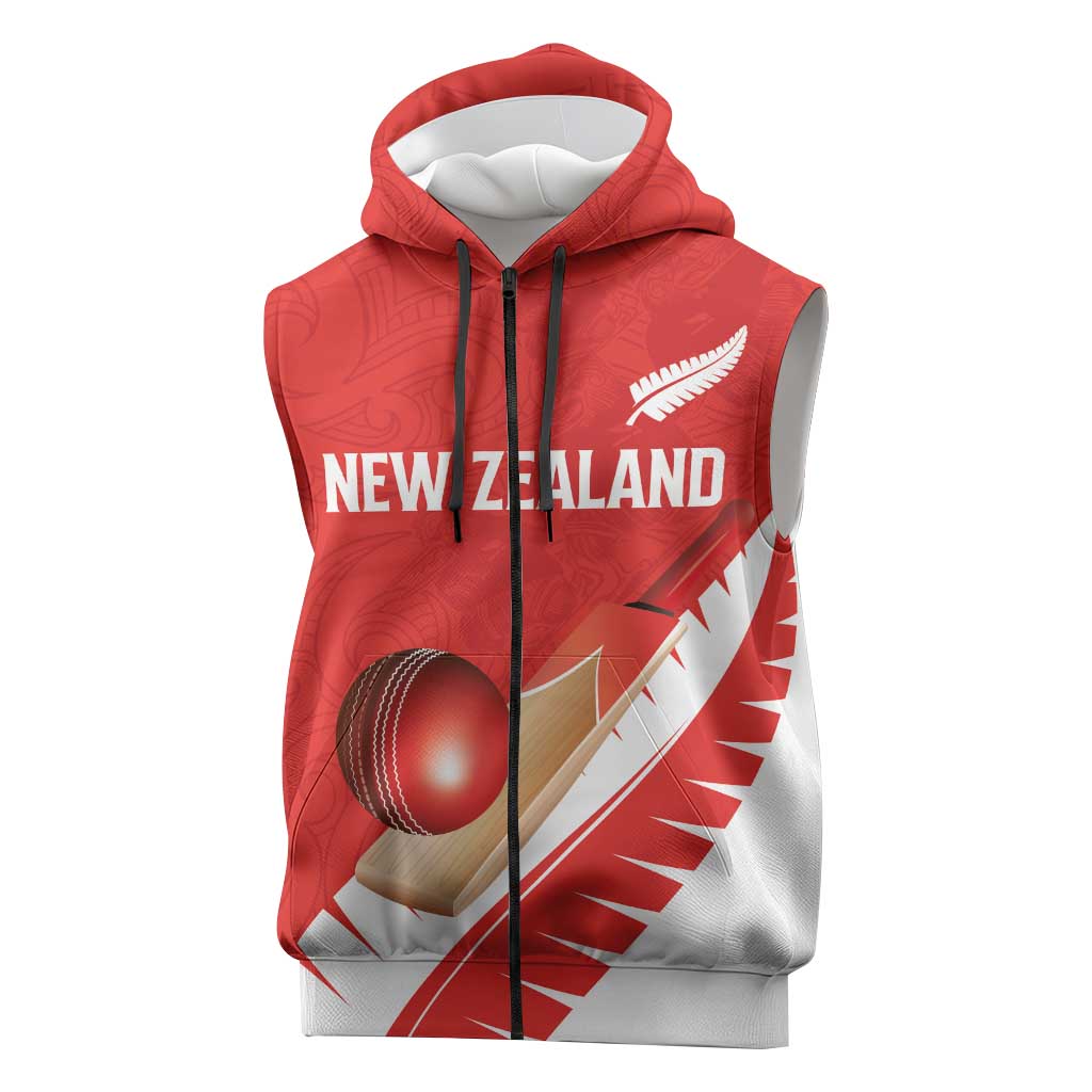 Custom New Zealand Cricket Sleeveless Zip Hoodie Kiwi Birds Haka Dance Red Fern Sporty Style LT03 Red - Polynesian Pride
