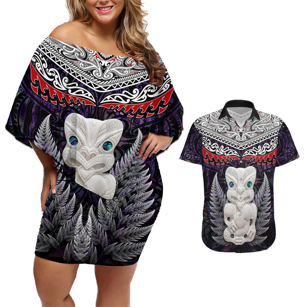 New Zealand Hei Tiki Couples Matching Off Shoulder Short Dress and Hawaiian Shirt Maori Purple Papua Shell Pattern LT03 Purple - Polynesian Pride