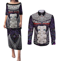 New Zealand Hei Tiki Couples Matching Puletasi and Long Sleeve Button Shirt Maori Purple Papua Shell Pattern LT03 Purple - Polynesian Pride