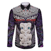 New Zealand Hei Tiki Family Matching Tank Maxi Dress and Hawaiian Shirt Maori Purple Papua Shell Pattern LT03 Dad's Shirt - Long Sleeve Purple - Polynesian Pride