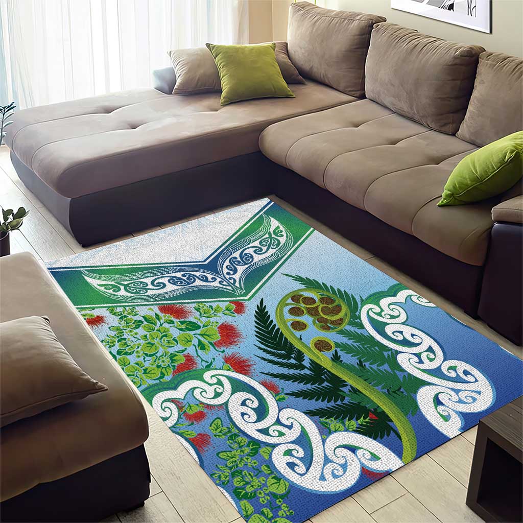 Aotearoa New Zealand Natural Plants Area Rug Pohutukawa with Silver Ferns Koru Frond Maori Tattoos LT03 - Polynesian Pride