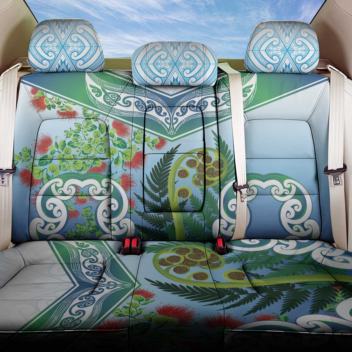 Aotearoa New Zealand Natural Plants Back Car Seat Cover Pohutukawa with Silver Ferns Koru Frond Maori Tattoos LT03 One Size Multicolor - Polynesian Pride