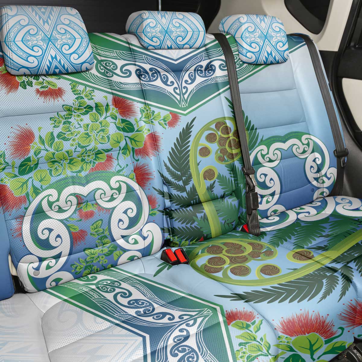 Aotearoa New Zealand Natural Plants Back Car Seat Cover Pohutukawa with Silver Ferns Koru Frond Maori Tattoos LT03 - Polynesian Pride
