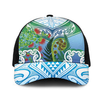 Aotearoa New Zealand Natural Plants Baseball Net Cap Pohutukawa with Silver Ferns Koru Frond Maori Tattoos LT03 One Size Black Multicolor - Polynesian Pride