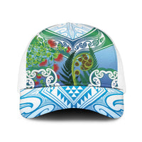 Aotearoa New Zealand Natural Plants Baseball Net Cap Pohutukawa with Silver Ferns Koru Frond Maori Tattoos LT03 One Size White Multicolor - Polynesian Pride