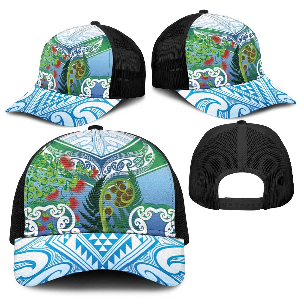 Aotearoa New Zealand Natural Plants Baseball Net Cap Pohutukawa with Silver Ferns Koru Frond Maori Tattoos LT03 - Polynesian Pride