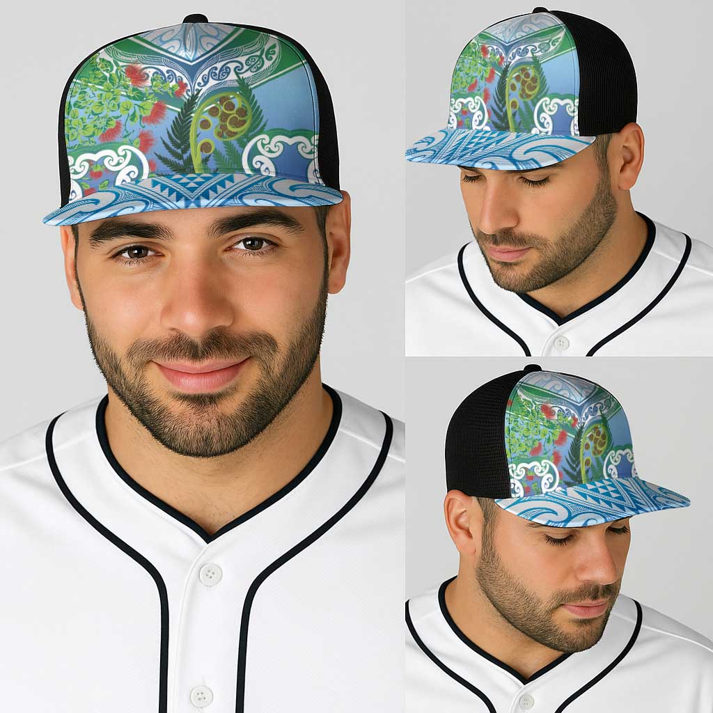 Aotearoa New Zealand Natural Plants Baseball Net Cap Pohutukawa with Silver Ferns Koru Frond Maori Tattoos LT03 - Polynesian Pride