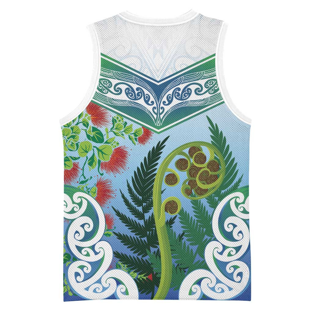 Aotearoa New Zealand Natural Plants Basketball Jersey Pohutukawa with Silver Ferns Koru Frond Maori Tattoos LT03 - Polynesian Pride