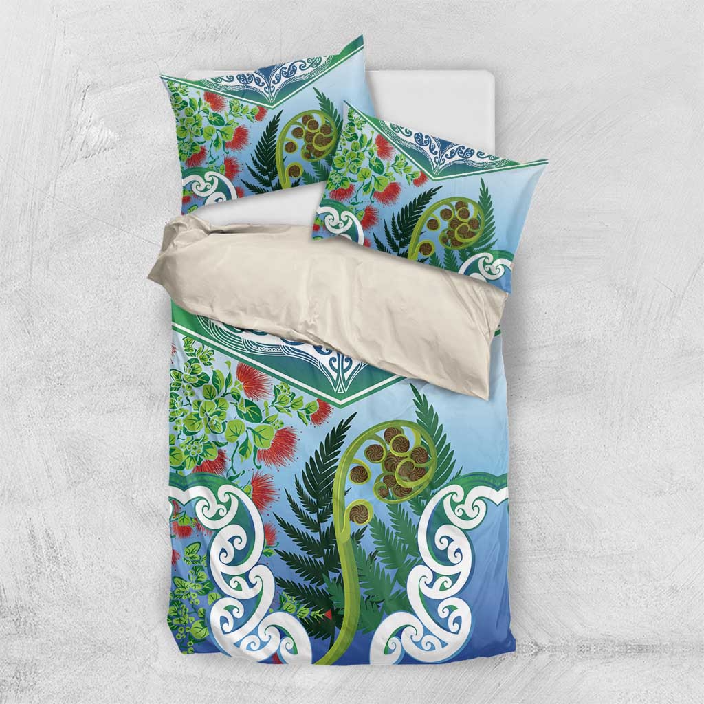 Aotearoa New Zealand Natural Plants Bedding Set Pohutukawa with Silver Ferns Koru Frond Maori Tattoos LT03 US Twin 172cm x 218cm Multicolor - Polynesian Pride