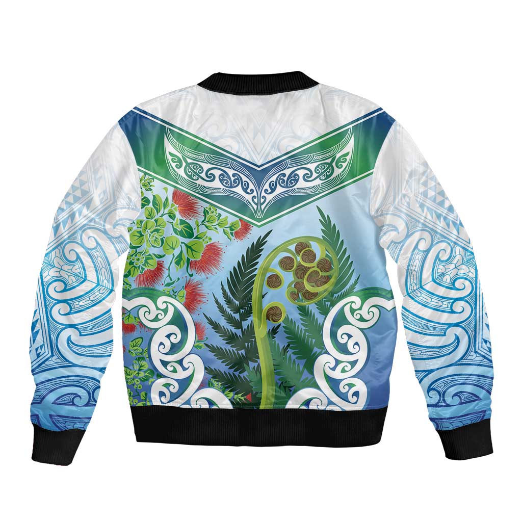 Aotearoa New Zealand Natural Plants Bomber Jacket Pohutukawa with Silver Ferns Koru Frond Maori Tattoos LT03 - Polynesian Pride