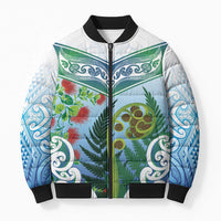 Aotearoa New Zealand Natural Plants Bomber Puffer Jacket Pohutukawa with Silver Ferns Koru Frond Maori Tattoos LT03 Unisex Multicolor - Polynesian Pride