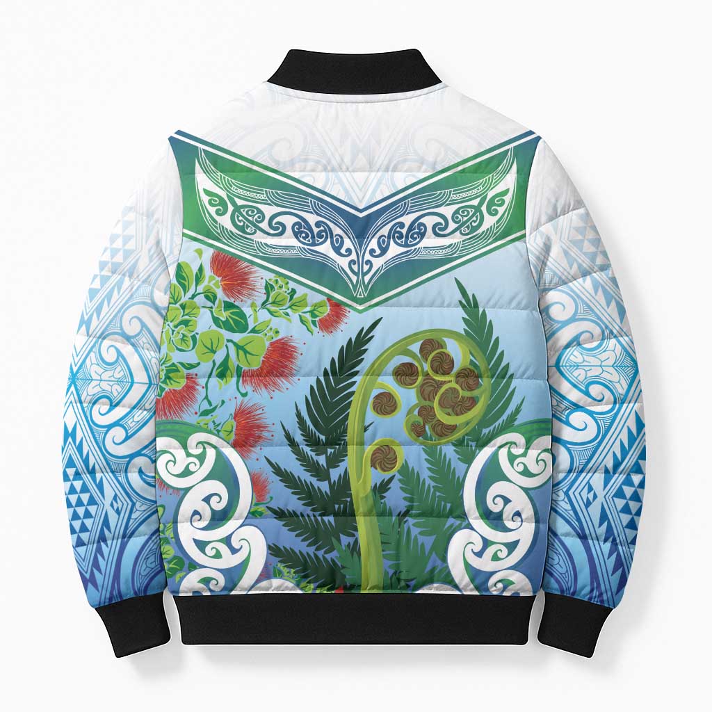 Aotearoa New Zealand Natural Plants Bomber Puffer Jacket Pohutukawa with Silver Ferns Koru Frond Maori Tattoos LT03 - Polynesian Pride
