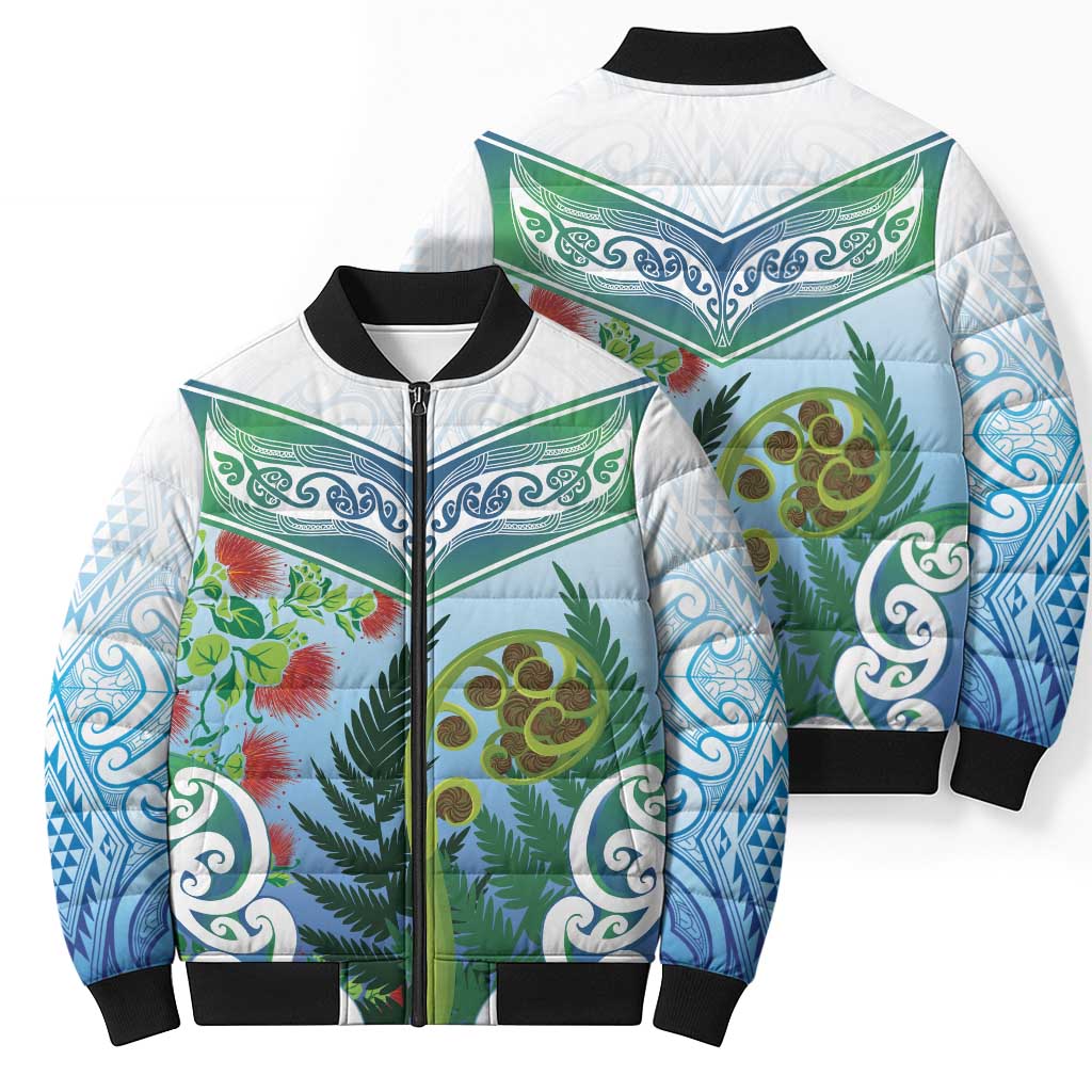 Aotearoa New Zealand Natural Plants Bomber Puffer Jacket Pohutukawa with Silver Ferns Koru Frond Maori Tattoos LT03 - Polynesian Pride