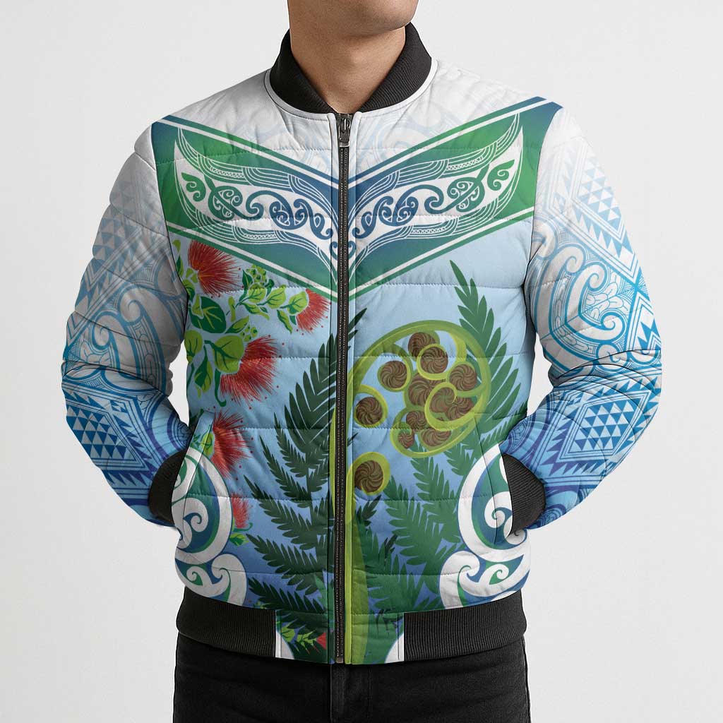 Aotearoa New Zealand Natural Plants Bomber Puffer Jacket Pohutukawa with Silver Ferns Koru Frond Maori Tattoos LT03 - Polynesian Pride