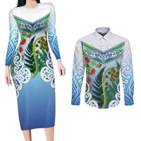 Aotearoa New Zealand Natural Plants Couples Matching Long Sleeve Bodycon Dress and Long Sleeve Button Shirt Pohutukawa with Silver Ferns Koru Frond Maori Tattoos LT03 Multicolor - Polynesian Pride