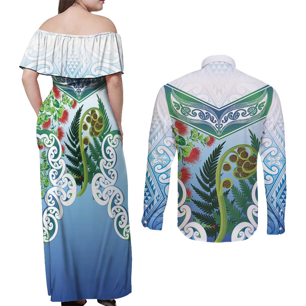 Aotearoa New Zealand Natural Plants Couples Matching Off Shoulder Maxi Dress and Long Sleeve Button Shirt Pohutukawa with Silver Ferns Koru Frond Maori Tattoos LT03 - Polynesian Pride