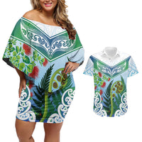 Aotearoa New Zealand Natural Plants Couples Matching Off Shoulder Short Dress and Hawaiian Shirt Pohutukawa with Silver Ferns Koru Frond Maori Tattoos LT03 Multicolor - Polynesian Pride