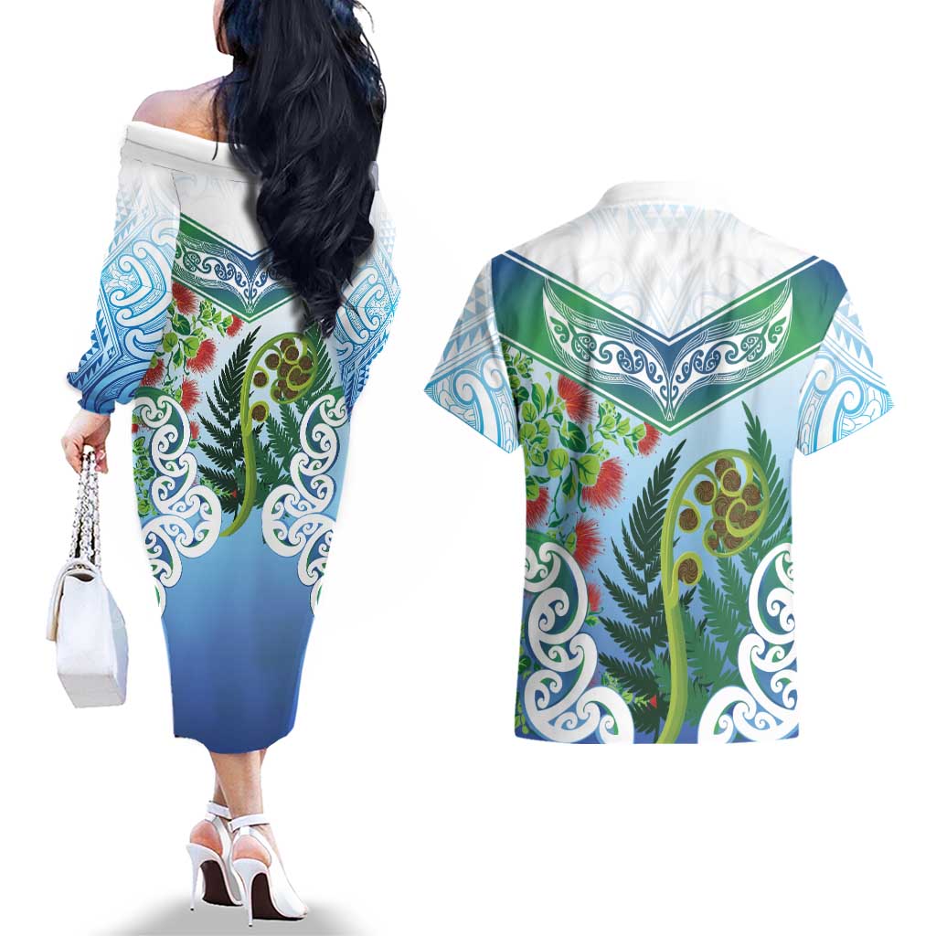 Aotearoa New Zealand Natural Plants Couples Matching Off The Shoulder Long Sleeve Dress and Hawaiian Shirt Pohutukawa with Silver Ferns Koru Frond Maori Tattoos LT03 - Polynesian Pride