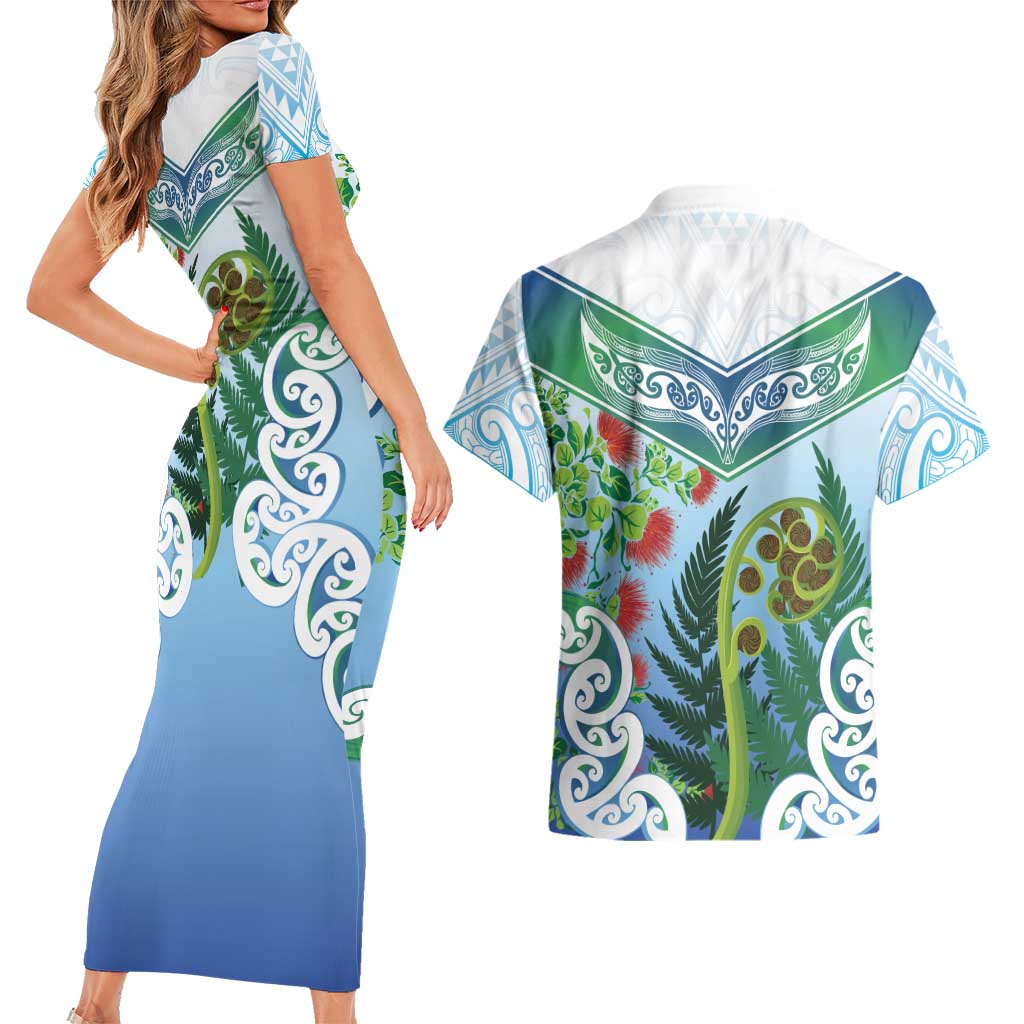 Aotearoa New Zealand Natural Plants Couples Matching Short Sleeve Bodycon Dress and Hawaiian Shirt Pohutukawa with Silver Ferns Koru Frond Maori Tattoos LT03 - Polynesian Pride