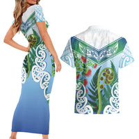 Aotearoa New Zealand Natural Plants Couples Matching Short Sleeve Bodycon Dress and Hawaiian Shirt Pohutukawa with Silver Ferns Koru Frond Maori Tattoos LT03 - Polynesian Pride