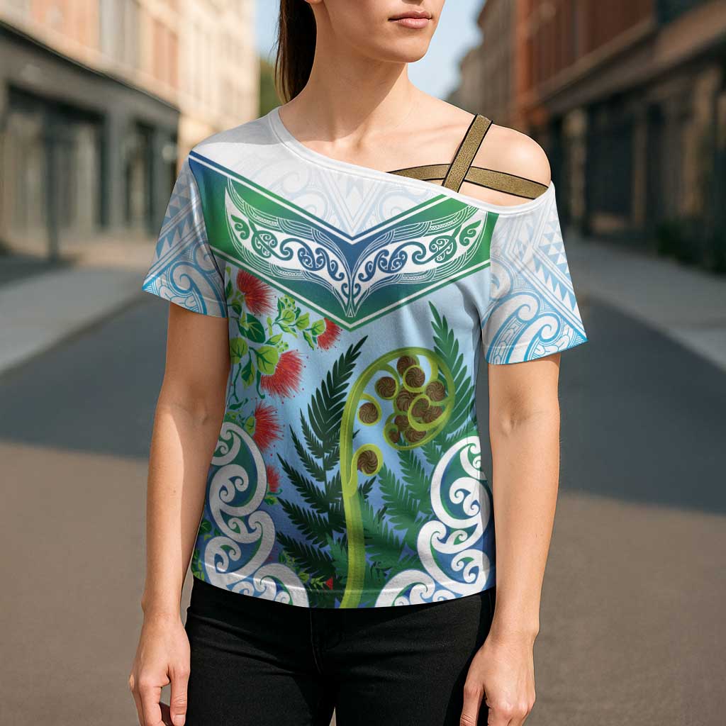 Aotearoa New Zealand Natural Plants Cross Shoulder Shirt Pohutukawa with Silver Ferns Koru Frond Maori Tattoos LT03 - Polynesian Pride