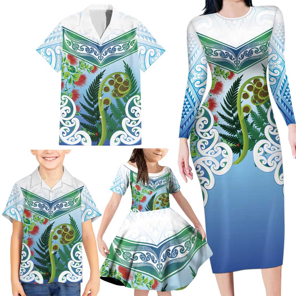 Aotearoa New Zealand Natural Plants Family Matching Long Sleeve Bodycon Dress and Hawaiian Shirt Pohutukawa with Silver Ferns Koru Frond Maori Tattoos
