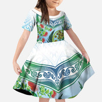 Aotearoa New Zealand Natural Plants Family Matching Off Shoulder Maxi Dress and Hawaiian Shirt Pohutukawa with Silver Ferns Koru Frond Maori Tattoos LT03 Daughter's Dress Multicolor - Polynesian Pride