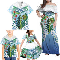 Aotearoa New Zealand Natural Plants Family Matching Off Shoulder Maxi Dress and Hawaiian Shirt Pohutukawa with Silver Ferns Koru Frond Maori Tattoos LT03 - Polynesian Pride