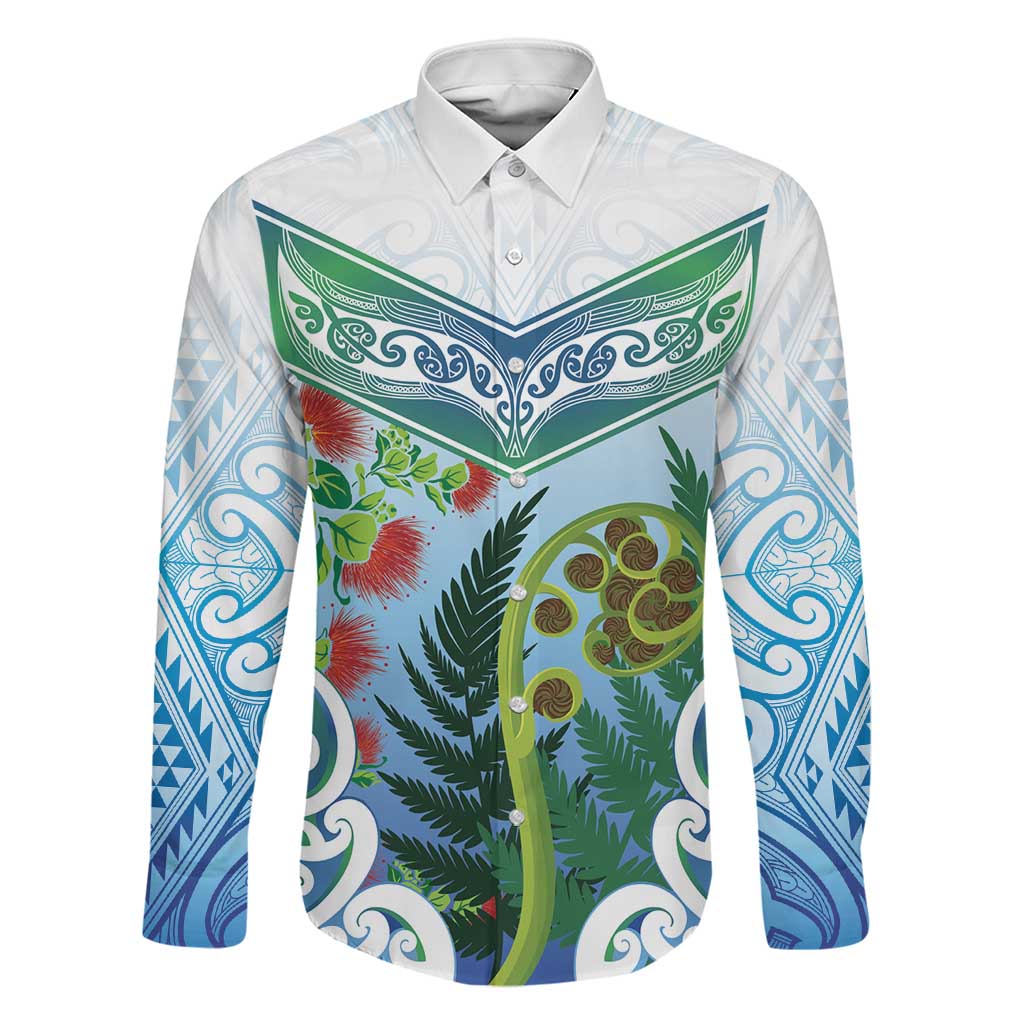 Aotearoa New Zealand Natural Plants Family Matching Off Shoulder Maxi Dress and Hawaiian Shirt Pohutukawa with Silver Ferns Koru Frond Maori Tattoos LT03 Dad's Shirt - Long Sleeve Multicolor - Polynesian Pride